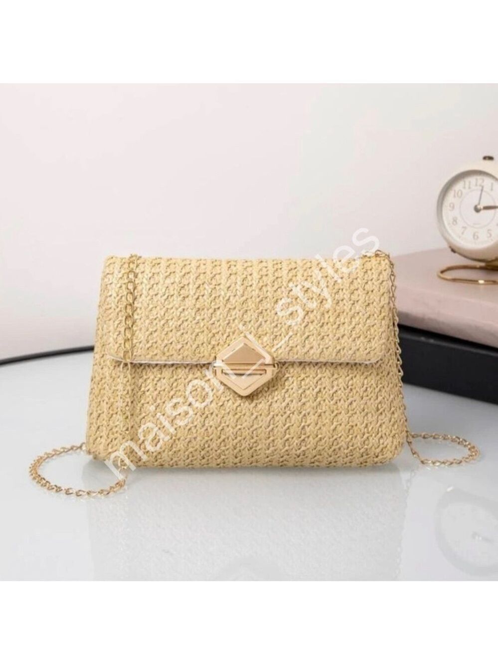 Straw Bag Gold Chain Crossbody Shoulder Neutral